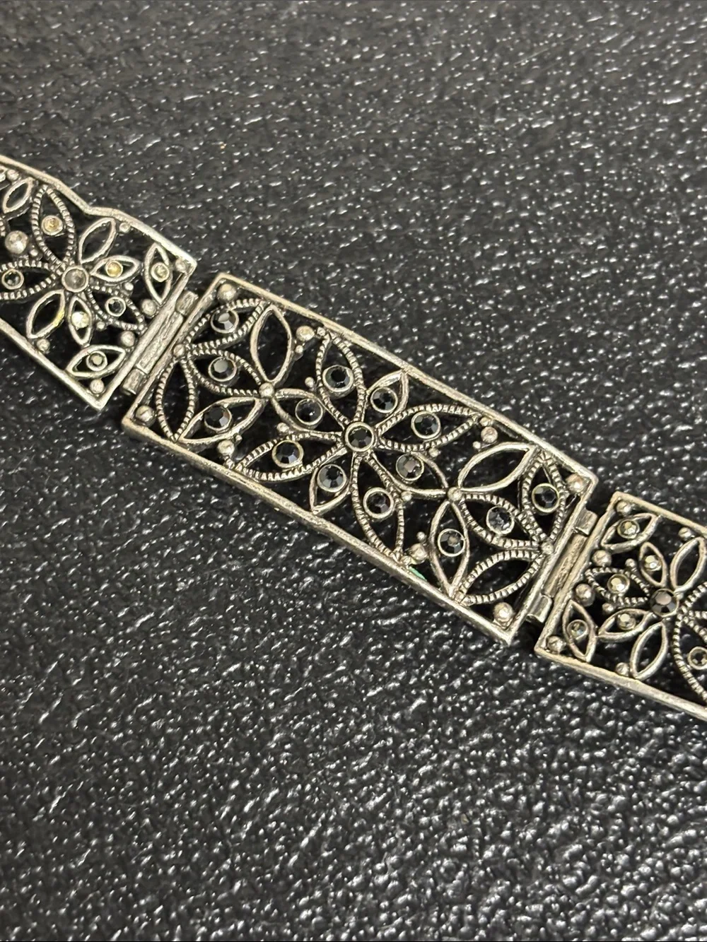 Vintage Panel Dainty Black Marcasite Floral Link Bracelet